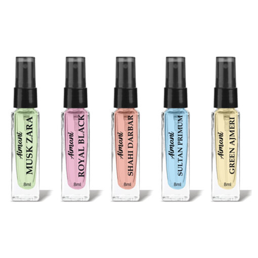 Aimani Men & Women Trial Pack Of 5 X 8ML Musk Zara, Royal Black, Shahi Darbar, Sultan Primum, Green Ajmeri